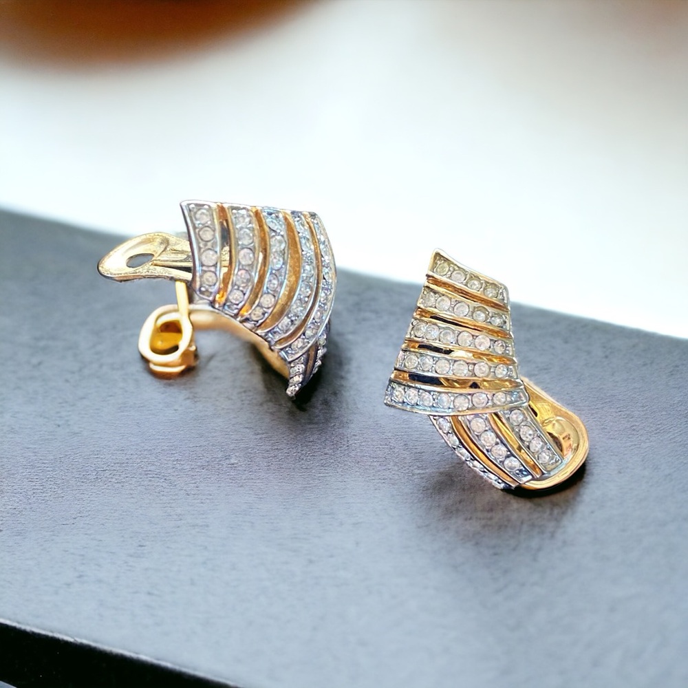Crystal Gold rhinestone gold tone clip on earrings modernist era vintage